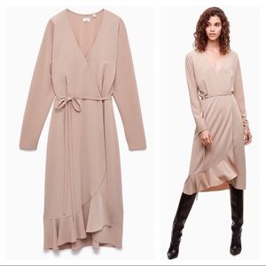 Aritzia Wilfred Wrap Dress Josie Nude MIDI Long sleeve Ruffle Basic